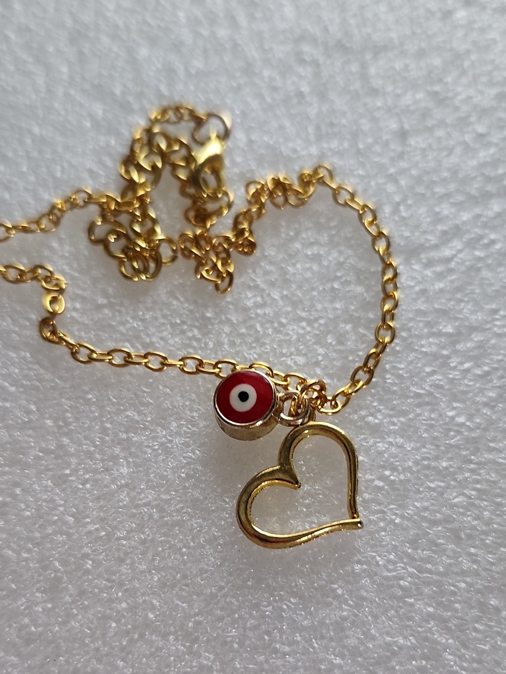 Hand Crafted Gold Bracelet / Anklet with Red Evil Eye and Heart Charm